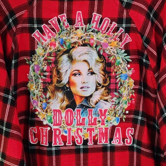 Have A Holly Dolly Christmas Custom Upcycled Red Plaid Flannel Shirt, 2X - Picture 2 of 4
